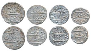 Farukhsiyar, Silver Rupee (4), Surat Mint, RY 5; Dar us-Sarur Burhanpur Mint, RY 8; Ahmeda