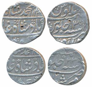 Muhammad Shah, Silver Rupee (2), Murshidabad Mint, RY 23; Shahabad Qanauj Mint, AH 1143/13