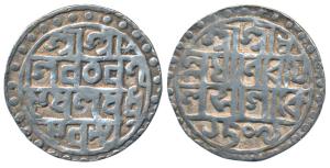 Lakshmi Narayan, Silver Tanka, SE 1509, dot at end of first line (KM 44). Very Fine+, Scar