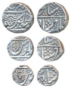 Tukoji Rao II (AH 1261-1304; 1844-1886 AD), set of 3, Silver Rupee, ½ and ¼, Malhar Nagar 