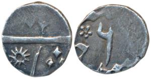 Murshidabad Mint, Silver 1/8 Rupee, 1.41g, in the name of Shah Alam II, RY 6, star mintmar