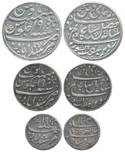 Murshidabad Mint, set of 3, Silver Rupee, ½ & ¼, in the name of Shah Alam II, RY 19, obliq