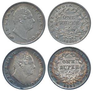 William IV, Silver Rupee (2), 1835, Calcutta Mint, RS incuse, B / II, Bud leaves, 20 Berri