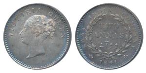 Victoria Queen, Silver 2 Annas, 1841, continuous legend, Calcutta Mint, English Head, Cres