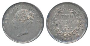 Victoria Queen, Silver 2 Annas, 1841, continuous legend, Calcutta Mint, English Head, Cres