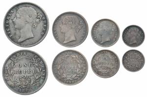 Victoria Queen, set of 4, Silver Rupee, ½, ¼, and 2 Annas, 1840, divided legend, WW raised