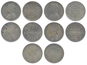 Victoria Queen & Empress, Silver Rupee (5), 1862, 1875, 1892, 1893 & 1901. Fine+. (5)