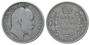 Edward VII, Silver ½ Rupee, 1910, Calcutta Mint, No mint mark, (Prid 314). Very Fine.