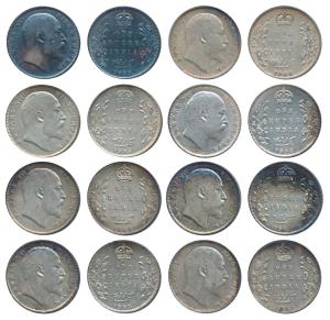 Edward VII, Silver Rupee (8), 1903, 1904, 1905, 1906 & 1907, Calcutta Mints. Very Fine. (8