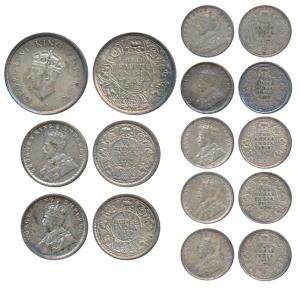 George V, Silver ¼ Rupee, 1916, 1919; Silver 2 Annas, 1912 (2), 1914 (2), 1917; George VI,