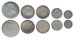 George V, Silver Rupee, 1912; Silver ½ Rupee (2), 1916 & 1936; ¼ Rupee & 2 Anna, 1912. Ver