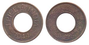 George VI, Copper 1 Pice, 1944, Error, 'I' Mint Mark Instead of 'L' for Lahore Mint.