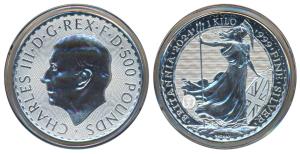 Great Britain, Charles III, Silver 500 Pounds, 1005g, 1 Kilo, 2024, Silver Britannia Serie