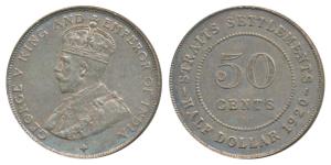Straits Settlements, George V, Half Silver ½ Dollar / 50 Cents, 1920 (KM 35.1). About Extr