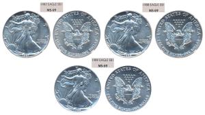 United States of America, Silver 1 Dollar, 1987, 1988 & 1989, American Silver Eagle, obv. 