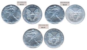 United States of America, Silver 1 Dollar, 1991, 1992 & 1993, American Silver Eagle, obv. 