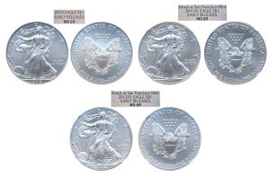 United States of America, Silver 1 Dollar, 2010, 2011 & 2012, American Silver Eagle, all E