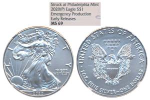 United States of America, Silver 1 Dollar, 31.1g, 2020, American Silver Eagle, Emergency P