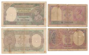 George VI, Rupees 2, 1943, signed J. B. Taylor, Prefix A; Rupees 5, 1st issue, 1938, signe