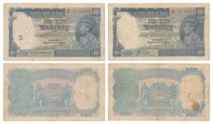 George VI, Rupees 10, 1st issue, 1938, signed J. B. Taylor and 1944, signed C.D. Deshmukh,
