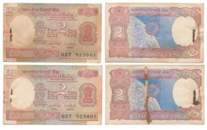 Rupees 2 Bundles (2), signed I. G. Patel, (J&R 6.2.9103B). Rust marks of the pin on the no