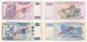 Congo, 200 & 500 Francs, Specimen overprint in red on both sides, 2013, watermark of a gir