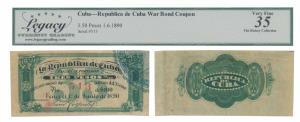 Cuba, 3.5 Pesos, War Bond Coupon, 3.50 Pesos, 1890. Graded by Legacy Currency Grading Very