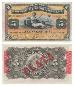 Cuba, Banco Espanol, Cinco/5 Pesos, 1896, Habana. About Uncirculated.