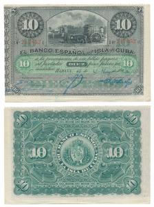 Cuba, Banco Espanol, Diez / 10 Pesos, 1896, Habana with perforated paper. Extremely Fine.