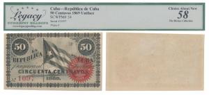 Cuba, Banco Espanol, Cincuenta/50 Centavos, 1869. Graded by Legacy Currency Grading Choice