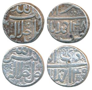 Akbar, Silver Rupee (2), 11.38g & 11.29g, Ahmedabad Mint, Ilahi type, Month Tir, Year 48; 