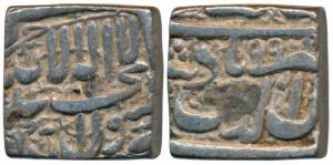 Akbar, Silver Square Rupee, 11.33g, Dar-ul-Sultanate Ahmedabad Mint, AH 998, Kalima type (