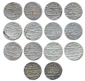 Aurangzeb, Silver Rupee, Surat Mint, AH 1118/50, 1114/46, 1114/46, 1112/45, 1090/22, 1103/