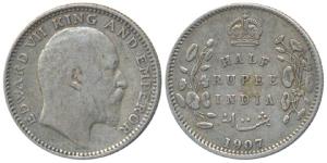 Edward VII, Silver ½ Rupee, 1907, Calcutta Mint (Prid 311). Fine+.
