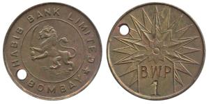 Habib Bank, Bombay, Copper, Cash Withdrawl token, obv. A lion and Habib Bank Limited, Bomb