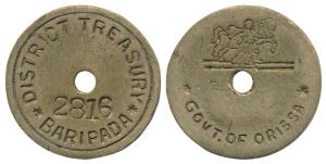 Treasury Token, Bronze, obv. District Treasury, Baripada; rev. Govt. Of Orissa. Rare.