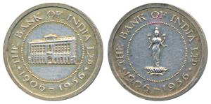 Bank of India, Golden Jubilee, 1906-1956, Gold Gilt Silver, 26.27g, obv. Laxmi standing on