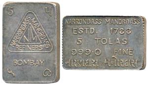 Tola Bar, Narrondass Manordass Refiners, Silver 5 Tolas, 58.22g, obv. logo of the company 