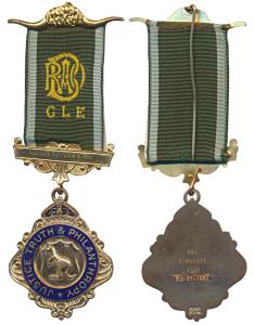 Masonic Medal Gold glit on Bronze, obv. British crown, Justice Truth & Philanthropy on blu