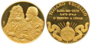 Tiziano, Famous Italian Painter, Gold gilt on Bronze 40g, obv. His famous painting "Tribut