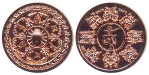 Buddha Medal, Tibet, Copper, 23g, obv. Buddha in Dharma Chakra and ‘Om Mani Padme Namah’ i