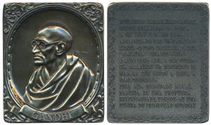 Mahatma Gandhi, Large rectangular Medal, Bronze, obv. portrait of the father of the nation