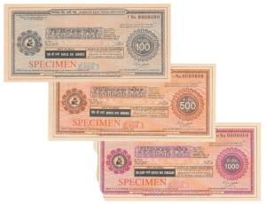 A set of Syndicate Bank, Traveller’s Cheques, Specimens of denomination of 100, 500 & 1000