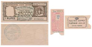 Maharashtra State Lottery, Rupees 1, 1970 and BEST 25P Bus ticket with advertisement on re
