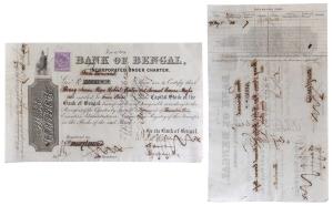Bank of Bengal, one share of 4000 Government Rupees, July 1875 (dated on the front), with 