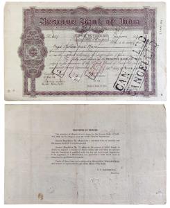 Reserve Bank of India, Share Certificate, dated 26th March 1935, Calcutta Issue, logo of t
