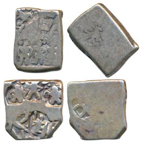 Archaic Punch Marked Coinage, Magadha Imperial, Silver Karshapana (2), 3.2g, obv. three hu