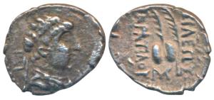 Indo-Greek, Eukratides, Silver Obol, 0.59g, obv. diademed, draped, and cuirassed bust of t
