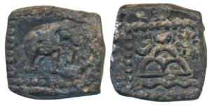 Western Kshatrapas, Damsena (223-232 AD), Silver washed Potin Square Unit, 2.42g, obv. ele