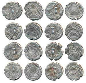 Chalukyas of Gujarat, Silver Drachma or Gadhaya Paisa (8), obv. stylized bust of king faci